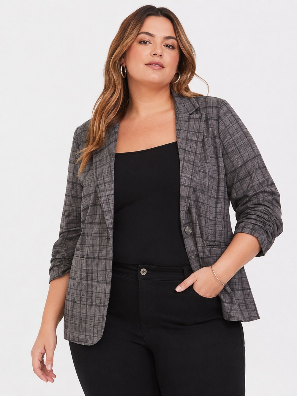 Torrid Black Gray Plaid Single-Button Ruched Sleeve Blazer New Sz 1/US 14-16